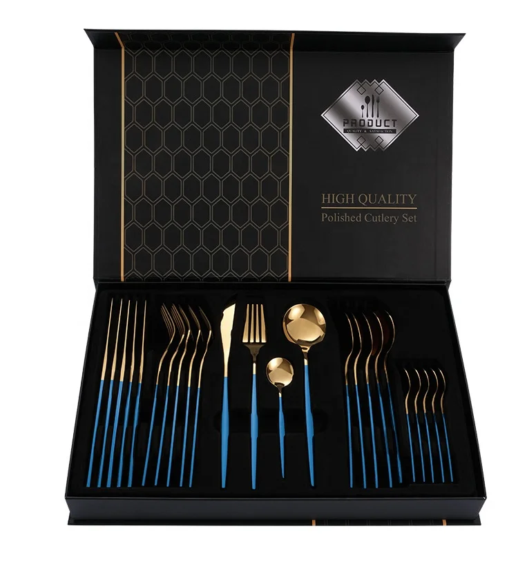 

24 Piece Flatware Set Tableware Knives Forks and Spoons Teaspoons Gift Box Gold Stainless Steel Cutlery Set