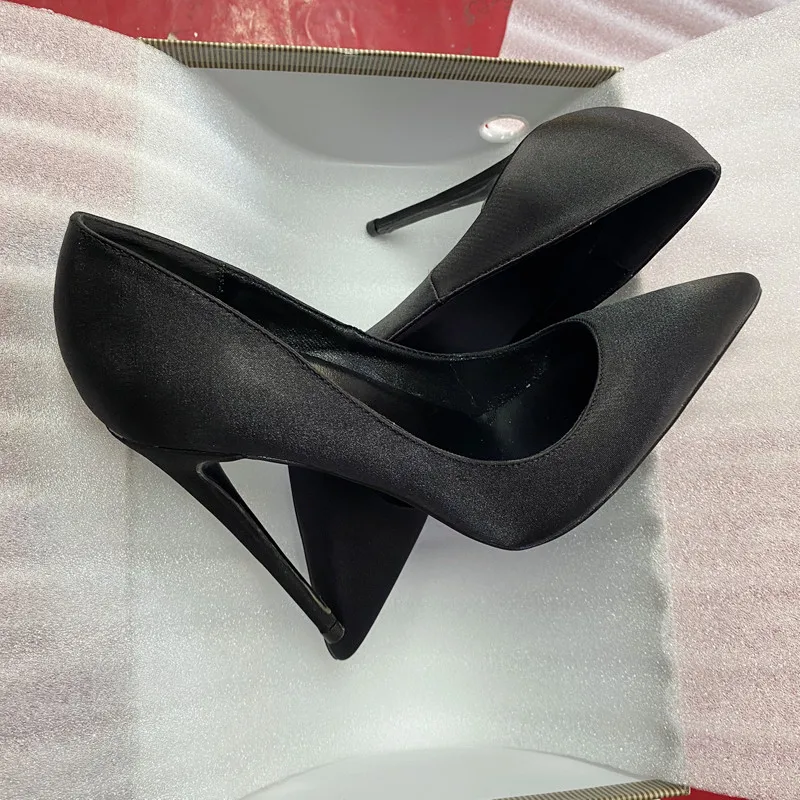 Veowalk All Black Women Satin Silk Pointy Toe Stiletto Pumps Elegant Ladies Formal Dress Slip On High Heel Shoes 8cm 10cm 12cm