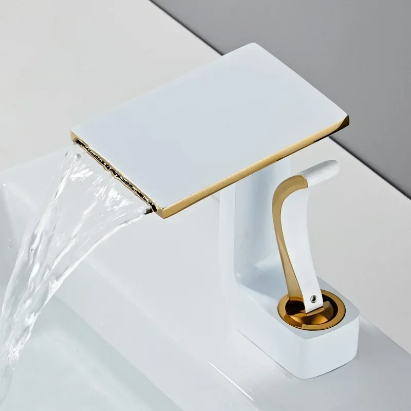 Simple wind waterfall wash basin full copper faucet hot and cold bathroom wide mouth white bathroom cabinet washbasin household
