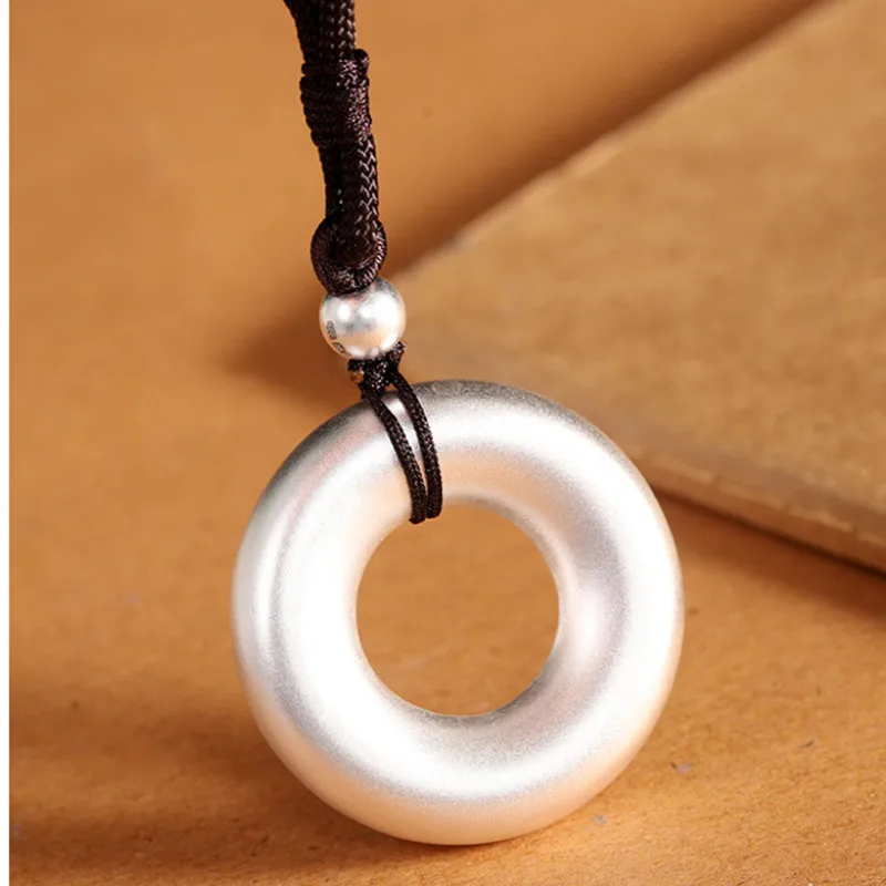 Genuine 999 Pure Silver Peace Button Pendants Necklaces Women China Chic Blank Silver Simple Ethnic Jewelry Infinity Rope Chains