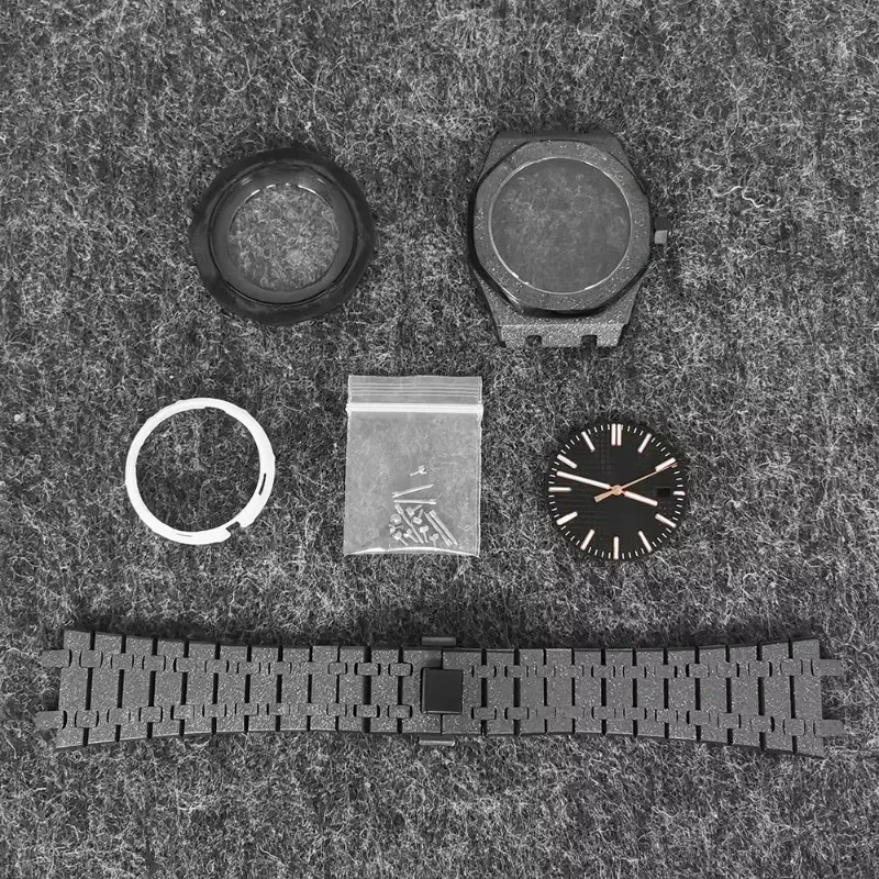 

PVD 41mm Frost Black Stainless Steel Watch Case Butterfly Buckle Strap Watch Dial Hands Accessories for Oak NH35/NH36 Movement