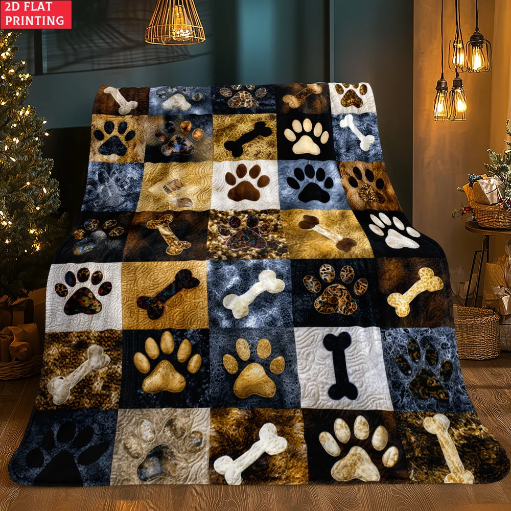 2D Flat Single-Piece Paw Print Plaid HD Printed Blanket. Soft and Warm Flannel Blanket, Suitable for Travel, Camping, Sofa, Livi