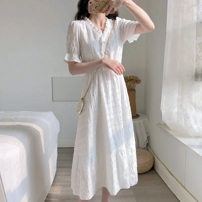 Sukienka dla kobiet Letnia koszula z krótkim rękawem w dużych rozmiarach Biało-niebieskie sukienki Casual Koreańska francuska retro Slim Fit Odzież damska