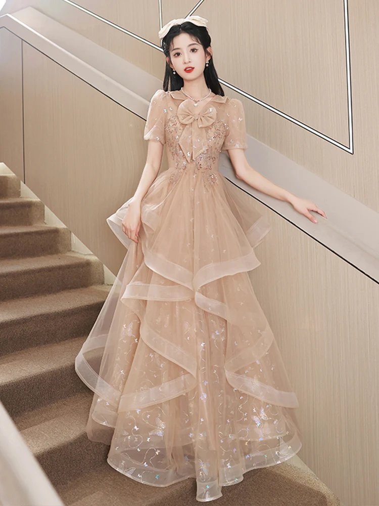 

Вечернее платье цвета шампань для женщин, новинка 2025 года, роскошное, для дня рождения, церемоний, для взрослых, с U-образным вырезом, коротким рукавом, длинное