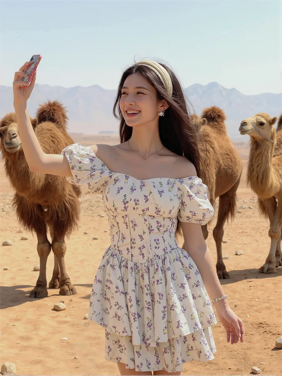 女性用 ホワイトドレス 女性 花柄 ドレープ Aライン エンパイアウエスト シフォン ティアード レイヤード ボールガウン ファンシー イブニングパーティー 結婚式