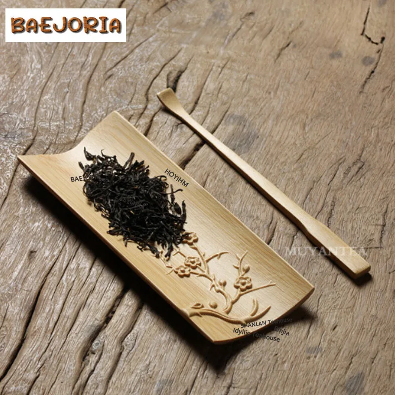 BAEJORIA Minimalist Bamboo Carved Plum Blossoms Tea Scoop Boutique Household Awakening Tea Ladle Cha Accessories Collection Set