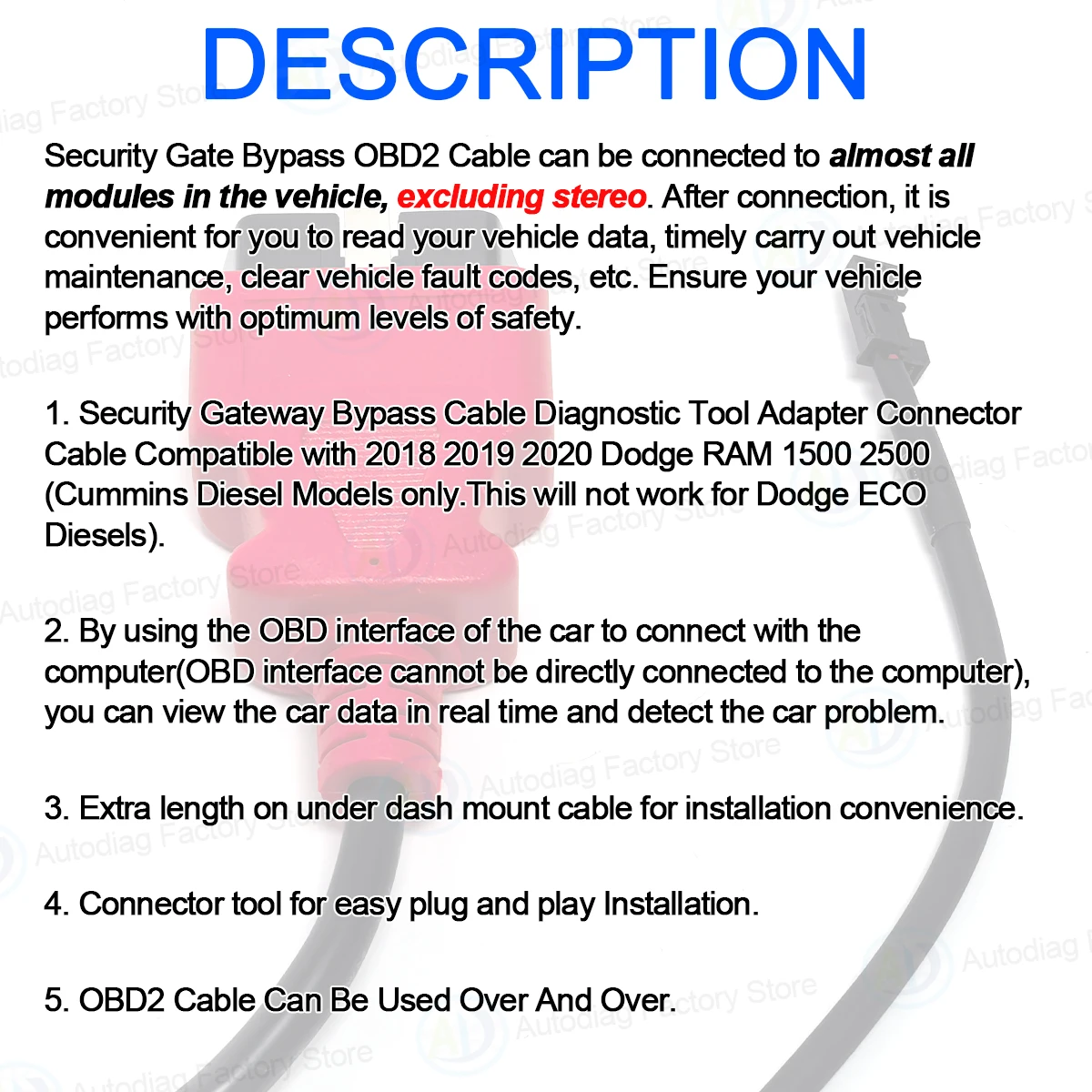 Sicherheits-Gateway-Bypass-Kabel für Dodge 1500/2500, RAM 1500/2500 2018-2020 OBD2 SGW Bypass-Adapter für Cummins-Modulinspektion – Detail 2
