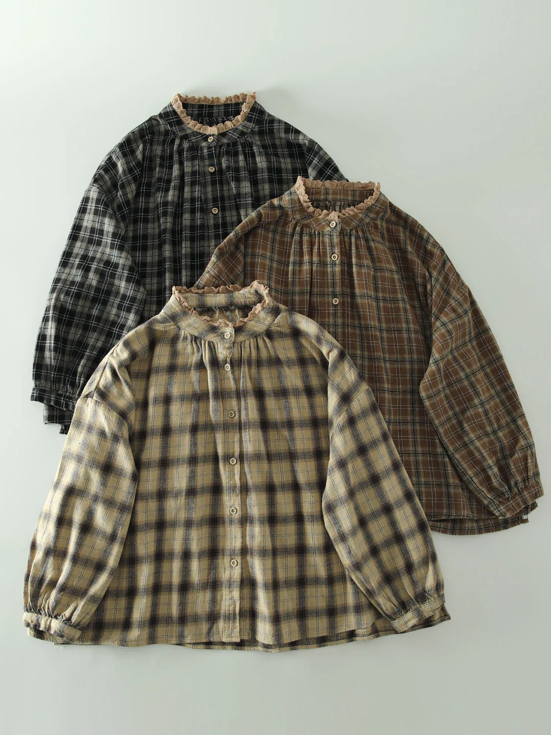 

Autumn New Sweet Forest Girl Lace Trim Stand Collar Diagonal Texture Cotton Plaid Loose Large Size Versatile Women's irt