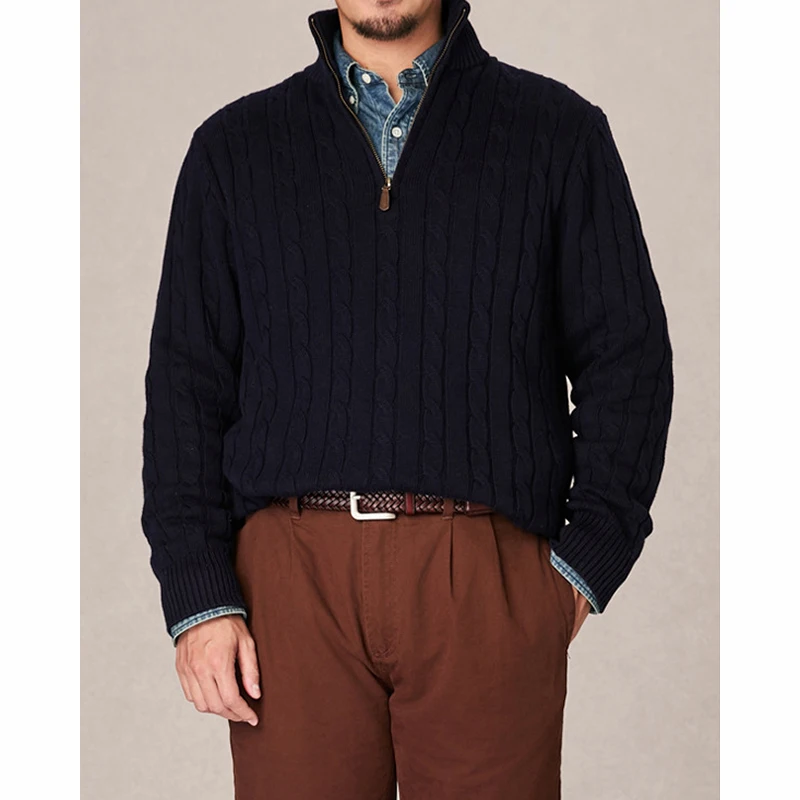 Firmranch 레트로 하프 터틀넥 지퍼 스웨터 점퍼 남성용 여성용 니트 트위스트 위빙 저지 풀오버 비즈니스 캐주얼웨어