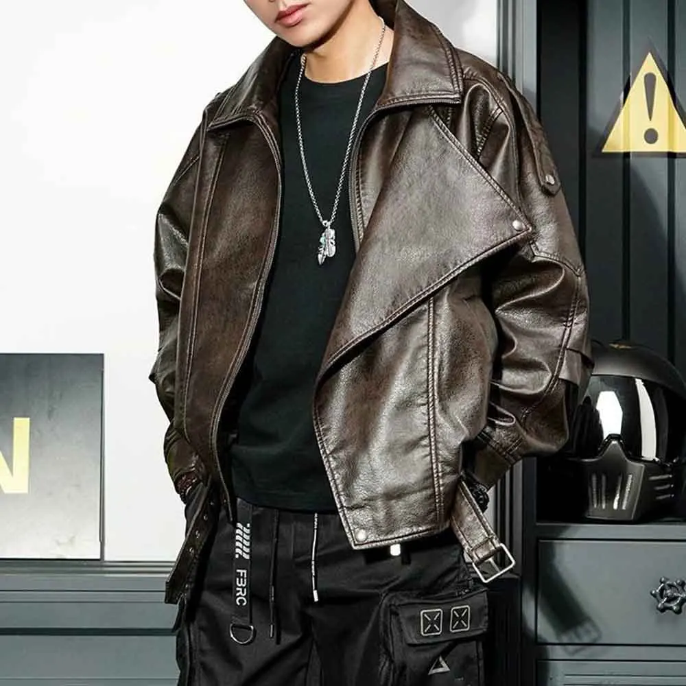 

2025 зимняя новая мужская однотонная кожаная куртка с длинными рукавами, американский ретро-модный модный уличный повседневный свободный нишевый мужской топ