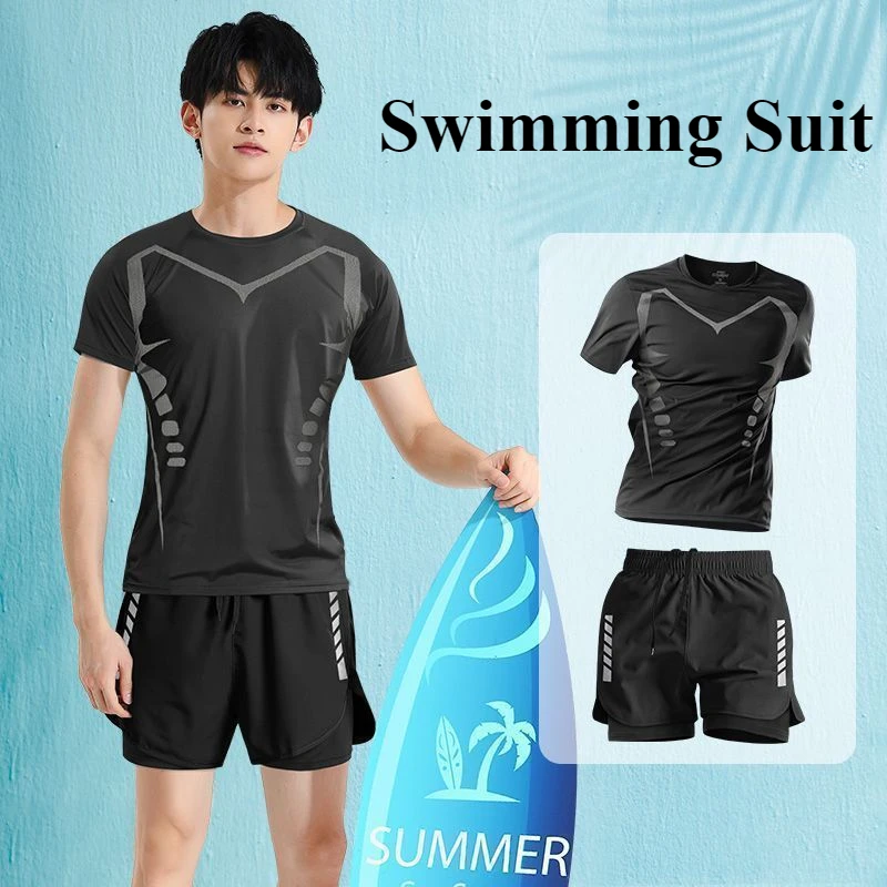 2025 Men Swimsuit O-Neck Short Sleeve Mid-rise Swimming Suit Printing Slim Fit T-shirt Two-Piece Separates Trucks Set Beachwear