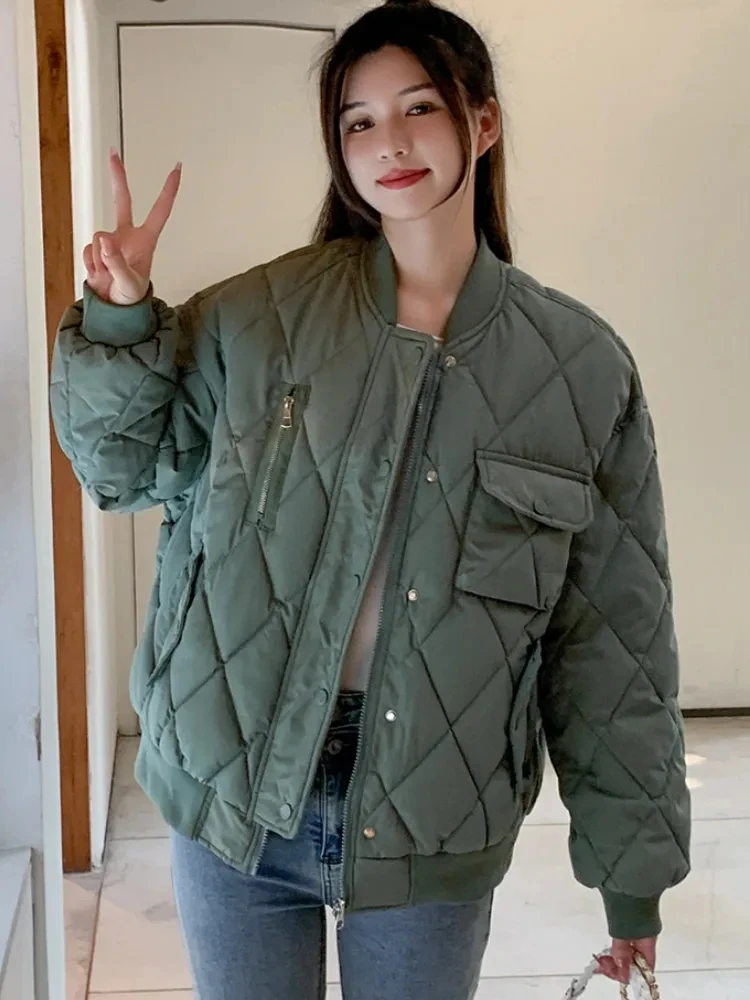 Chaqueta Bomber de manga larga para mujer, Parkas acolchadas de algodón, abrigo cálido, prendas de vestir femeninas, sueltas, Harajuku, invierno,