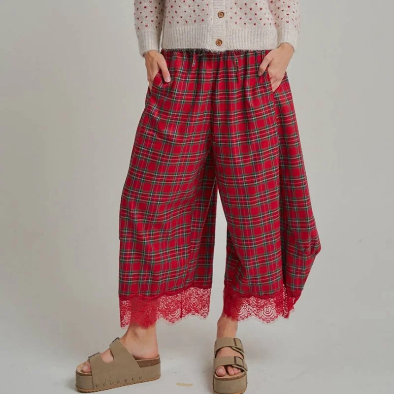 Women Y2k Plaid Lace Trim Cropped Pant Elastic Drawstring Loose Baggy Capri Pants Retro 90s Streetwear Y2K Coquette Bottoms