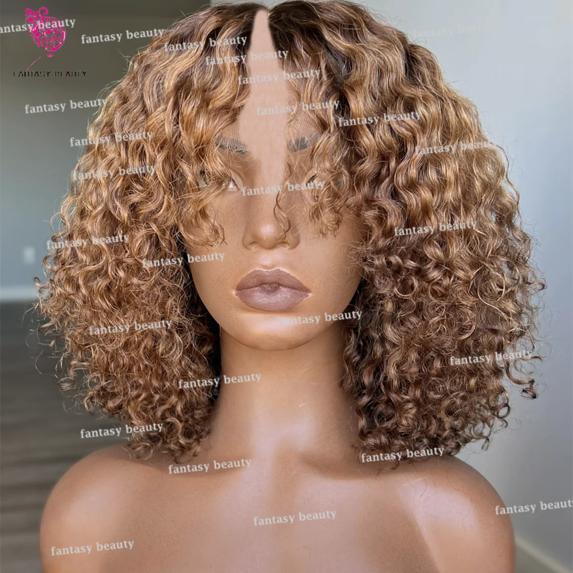 Ombre Honey blonde V Part human hair kinky Curly  wigs 100% Human Hair wig 1 x 4 Open Lace Brown U Part wig 250 density Full End