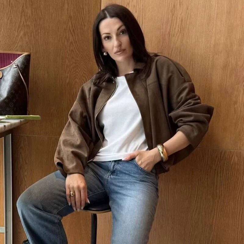 TFMLN New Autumn Loose Suede Jacket Woman 2025 Elegant Ladies Jackets Chic Street Youth Long Sleeves Coats