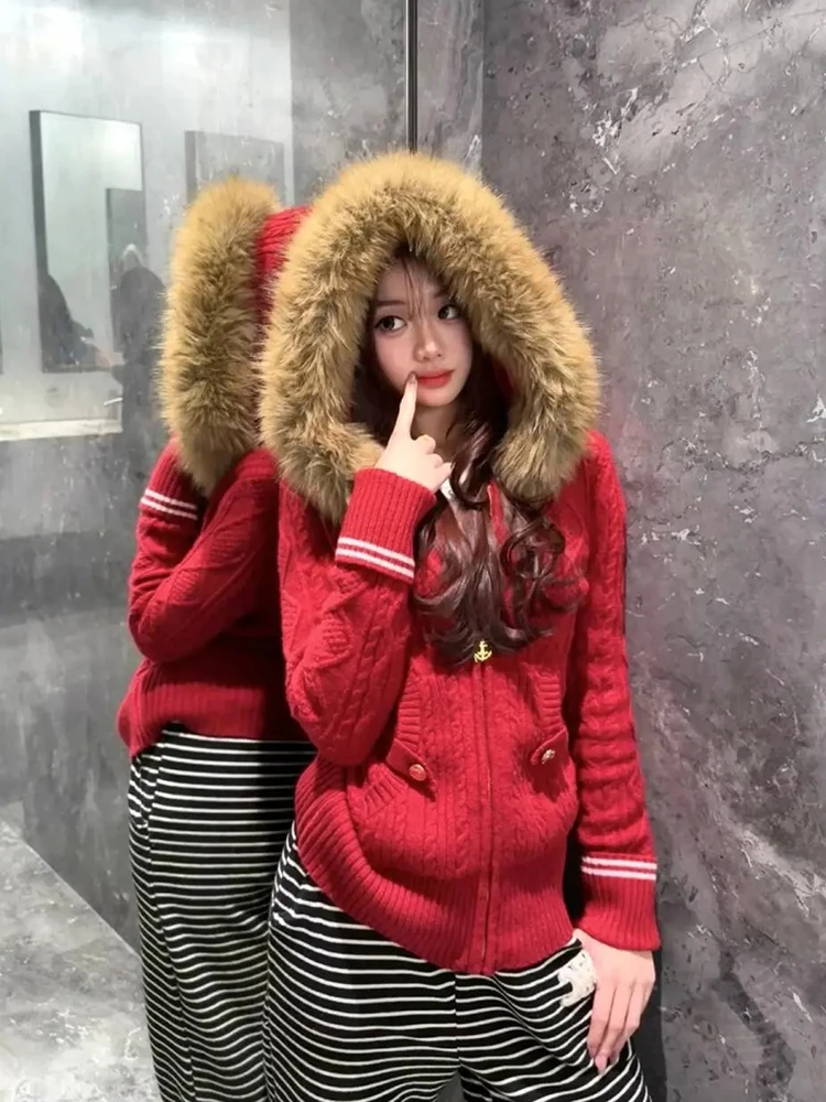 Red Hooded Slim Fit Long Sve Knitted Cardigan Women's Autumn Winter Faion Lazy Sle Polyester Fiber Open Front Sweater