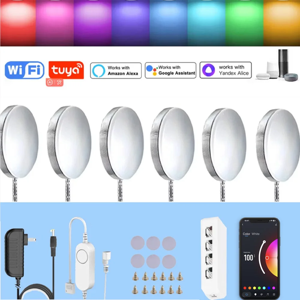 Tuya Wifi DC12V RGB LED Round Under Cabinet Light Color Change Dimming for Kitchen Closet Shelf Voice Control Google Alexa Echo