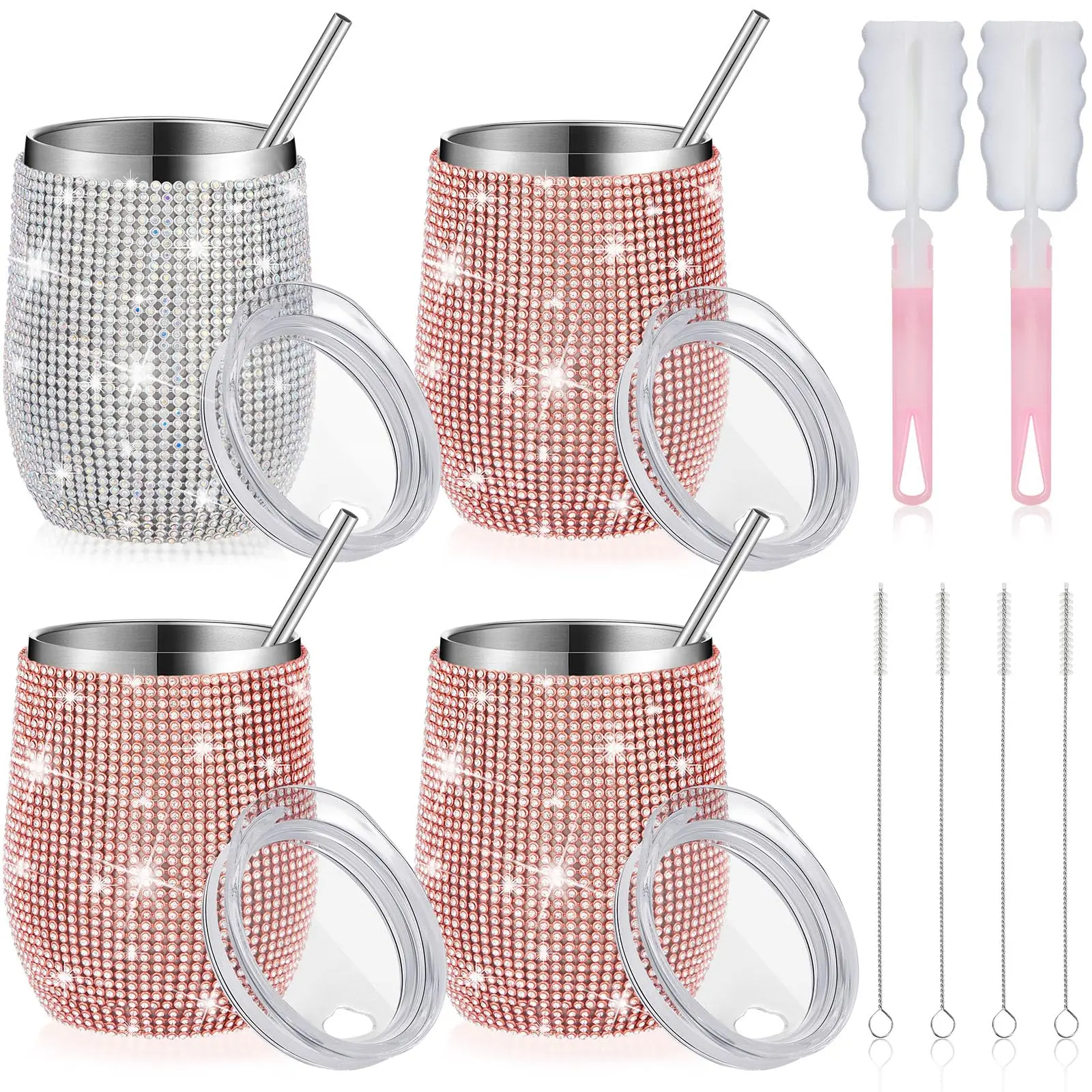 

12 oz Bling Rhinestone Water Bottle Stainless Steel Wine Tumbler With Lids Straws Glitter Cup Champagne Party Bridemaid Gift