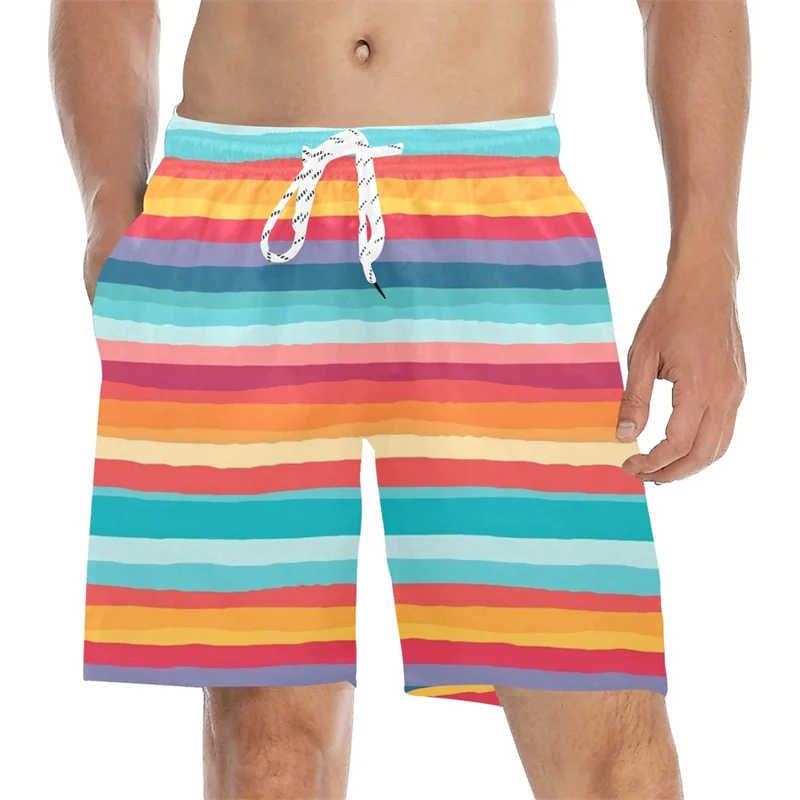 Art Striped Print Beach Short For Men Clothing Colorful Quick Dry Swim Trunks Daily Casual Beach Volleyball Sports Board Shorts