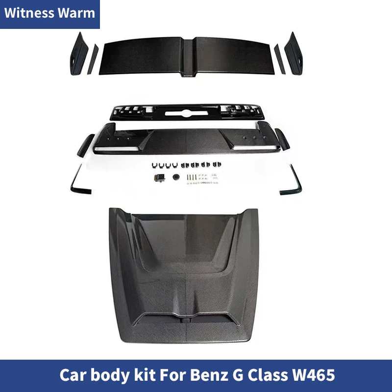 Kit carrosserie pour Mercedes Classe G W465 style G800 en fibre de carbone sèche : capot moteur avant, couvre-roue de secours, ailerons arrière.