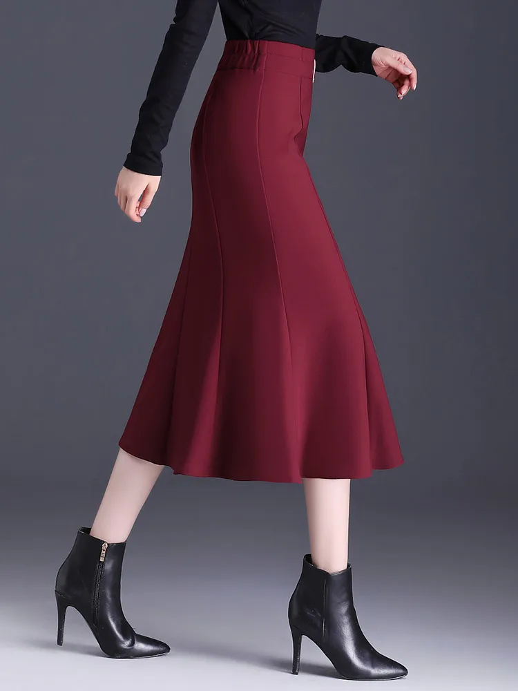 SUCH AS SU Autumn Winter Women'S Black Red Skirts High Waist Ladies Mermaid S-3XL Size Mid-Long Sexy Ruffles Skirt Female 8813