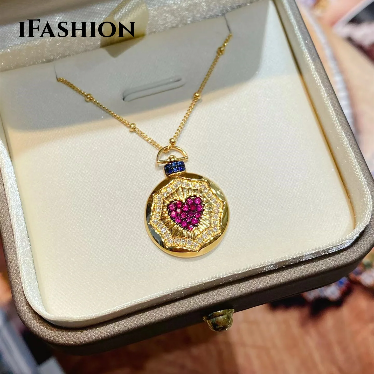 

IFASHION Diamond Heart Natural Ruby Pendant Necklace Real 18K import Solid Yellow Gold Jewelry (AU750) Women Gift Fine Jewelry