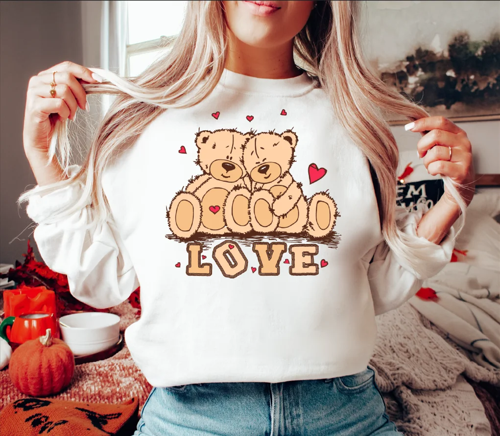 

Love Bear Couple Sweatshirt Valentine's Day Confession Tee Cute Funny Long Sleeves Pullovers Y2k Kawaii Women Clothes