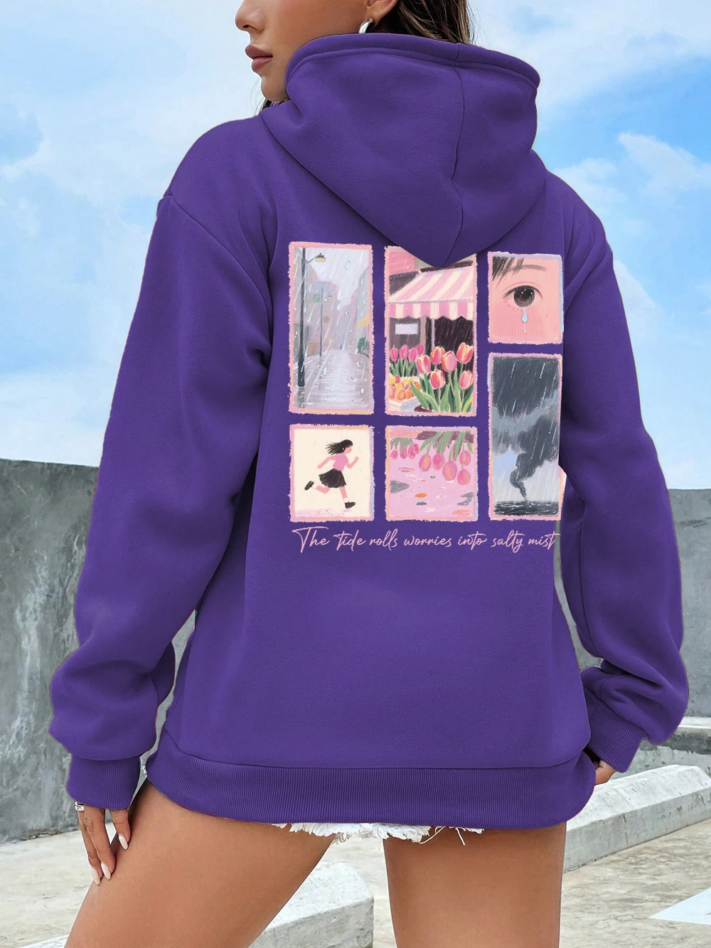 Street Scene Oil Printing Hoodies Women Comfortable Loose Sweatshirts Basics Sporty Pullovers Winter Fleece Warm Womans Clothes