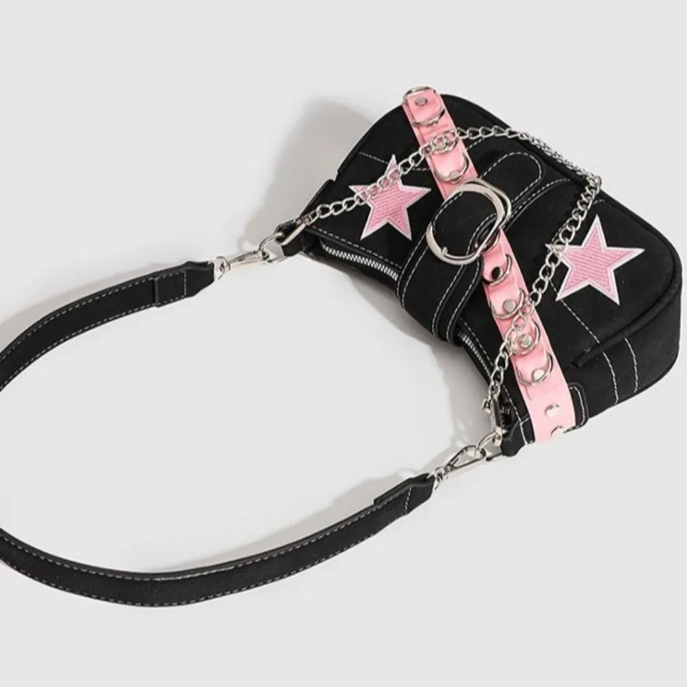 Y2K Large Capacity Stars Pattern Handbags Trendy Vintage Denim Underarm Bag Chain Splicing Retro Shoulder Bags Casual Wear