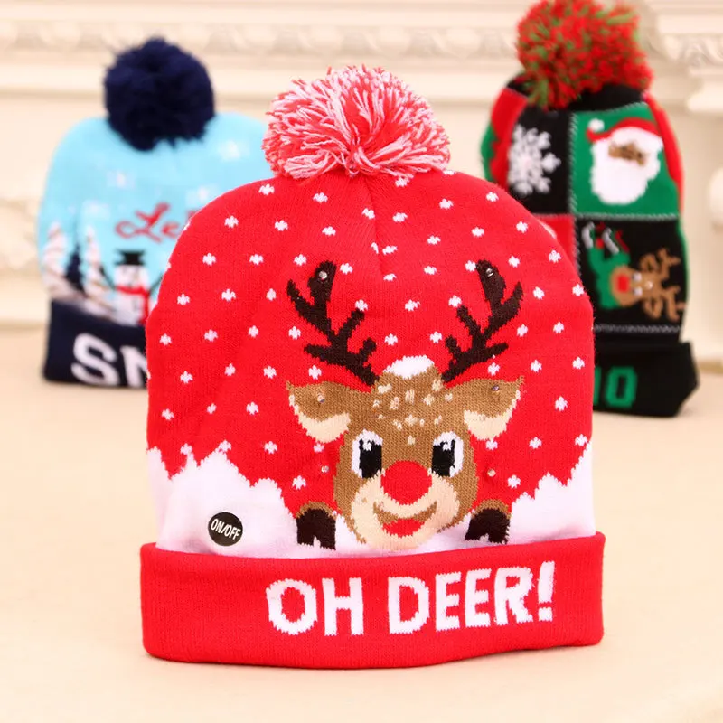 Christmas Hats Sweater Santa Elk Knitted Beanie Hat With LED Light Up Cartoon Patteren Christmas Gift For Kids New Year Supplies