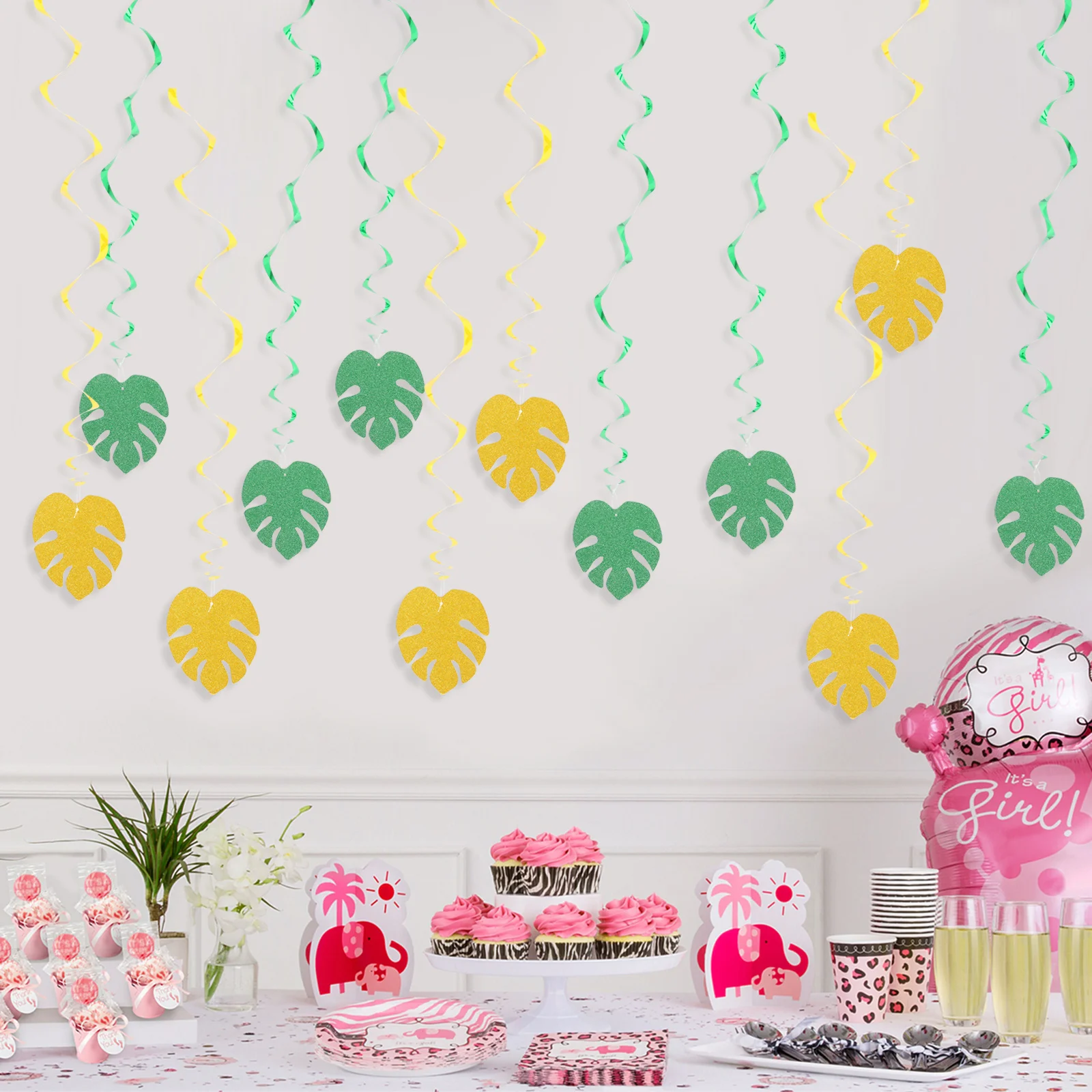 

18pcs Tropical Leaves Hanging Swirl Decorations Glitter Monstera Spiral Party Ornaments Birthday Wedding Festival Ceiling