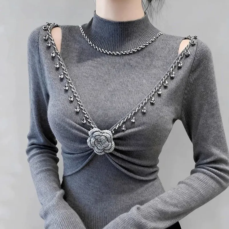 

Retro Crystal Flower Knitted Sweater 2025 New Autumn Winter Women Mock Neck Sweater Female Soft Blouse Korean Style Bottom Shirt