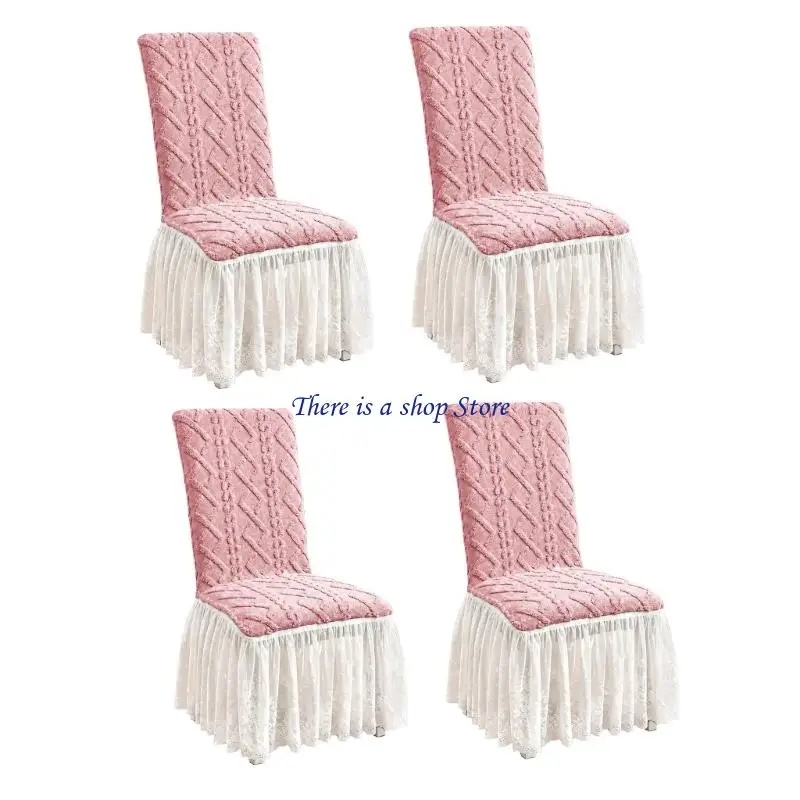 D0AD 4Pcs Geometric Texture Plush Dining Chair Cover with Stretch Fabric, Bottom Tie and Gathered Ruffled Lace Skirt, Chair