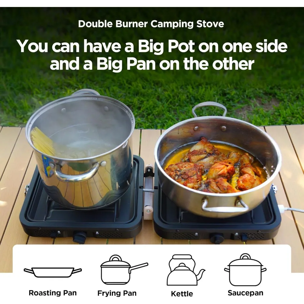 Portable 17500 BTU Two Burner Folding Propane Camp Stove with Carry Bag for Outdoor Cooking Travel Backpacking