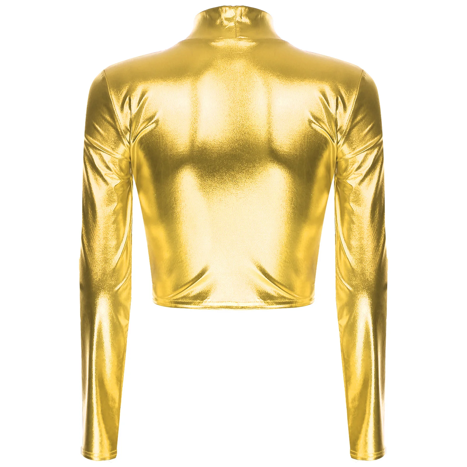 Women Metallic Long Sleeve Crop Top Ladies Fashion Glossy Solid Color Shiny T-shirt Club Stage Dance Performance Costume - view 5