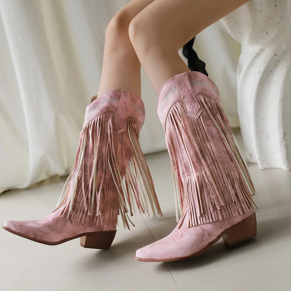 Cowboy Boots Shoes For Women Embroidery Tassel Chunky Heels Pointed Toe Pink Western Boots Fashion Slip-on Wedge Boots Female