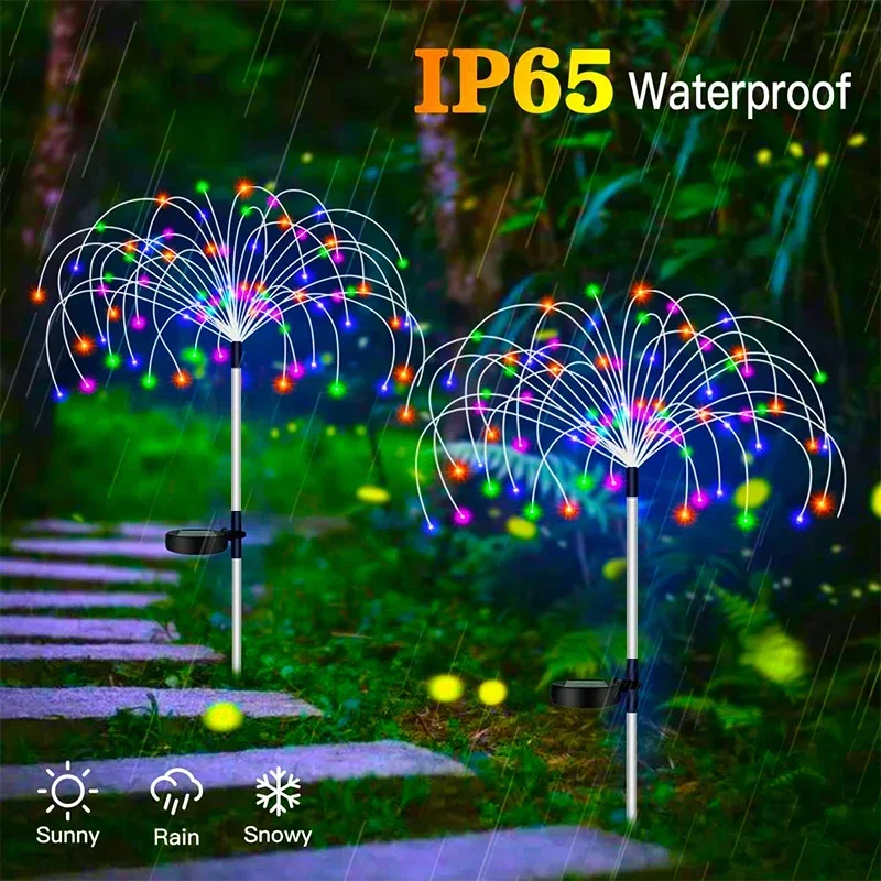 Solar Firework Lights 60-420LED Garden Stake Lamp 8 Modes Waterproof IP54 Rating Warm White White Colorful Pathway Party Decor