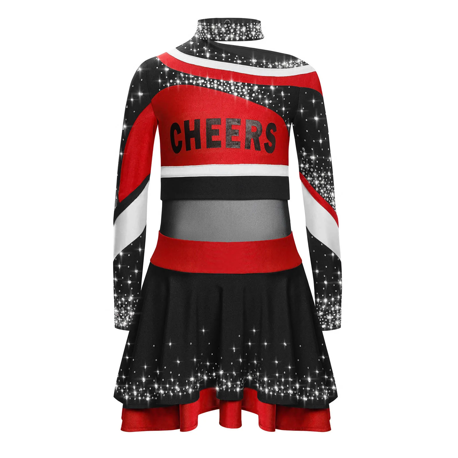 

Kids Girls Cheerleading Uniform High School Dance Party Stage Performance Outfit Long Sleeve Rhinestones Top+skirt 2+-piece Set