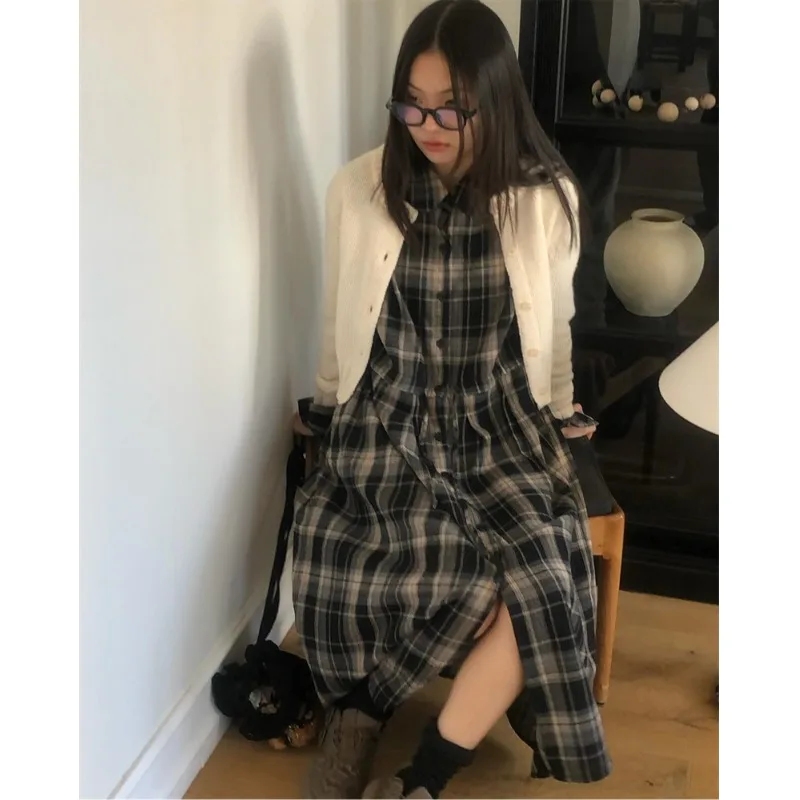 

Autumn New Sle Plaid Long Dr with Dstring Stand Collar Softened Texture Two Colors College Sle Girls Dr