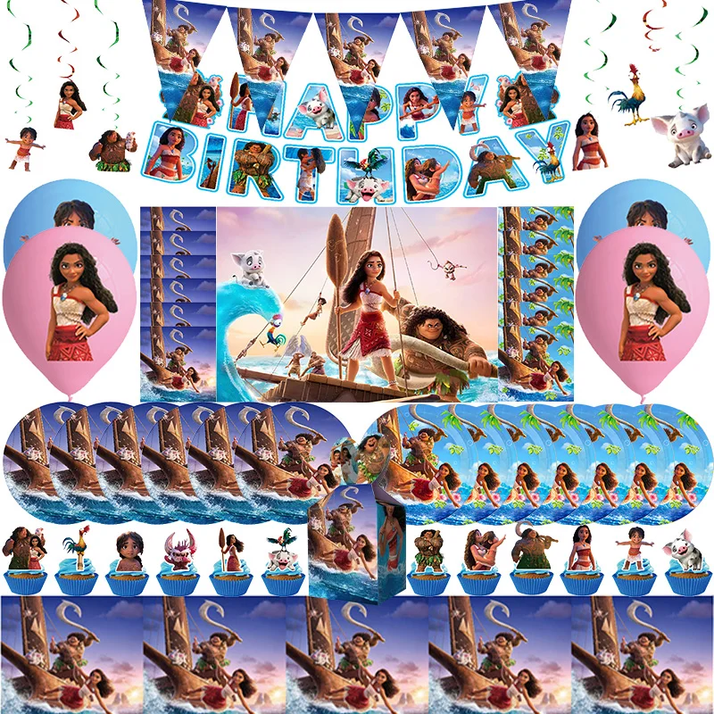 Moana-Juego de vajilla para decoración de fiesta de cumpleaños, taza, platos, pancarta, globo, mantel, bolsa de regalos, suministros de recuerdo de fiesta para niñas