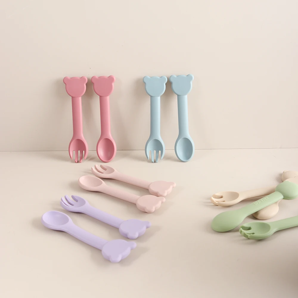 New Training Easy to Grip Fork Spoon Long Handle Learn Molar Artifact Silicone Baby Cartoon Fork Spoons
