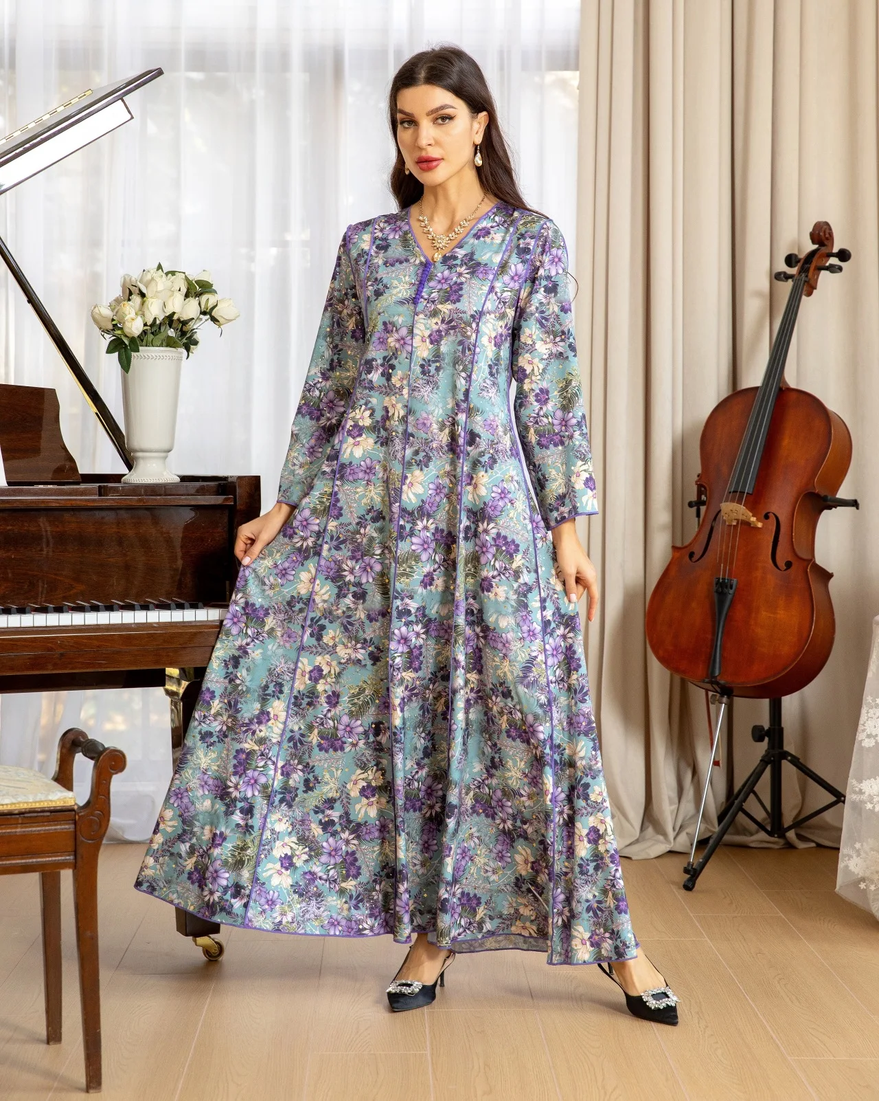 

Fashion Floral Printing Abaya Muslim Saudi Casual Jalabiya Women Long Dresses V-Neck Gown Loose Robe Split Sleeves Clothing Eid