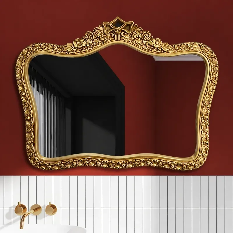 French Light Luxury Retro Arched European Bathroom Mirror Wall Mounted Vanity Dressing Mirror Carved Decorative Mirror