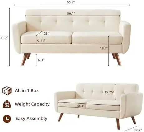 65' Beige Button Tufted Loveseat Sofa, Modern Living Room Couch