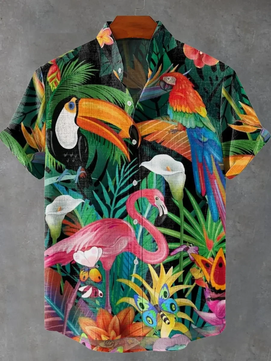 Новая мужская рубашка с 3D принтом тропических растений и кокосовой пальмы, льняная гавайская пляжная рубашка с лацканами и короткими рукавами, дышащий модный топ