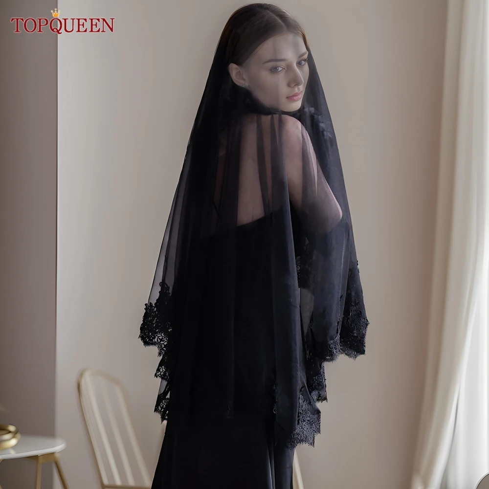 TOPQUEEN Double Layers Black Lace Edging Veil Halloween Collection Black Blusher Accessory Velo Negro Encaje Mantilla V224