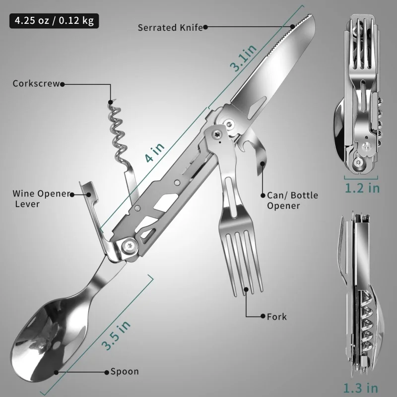 5 in 1 Camping Cutlery Multitool Portable Stainless Steel Spoon Fork Knife & Bottle Opener Combo Set Outdoor Detachable Tablewar