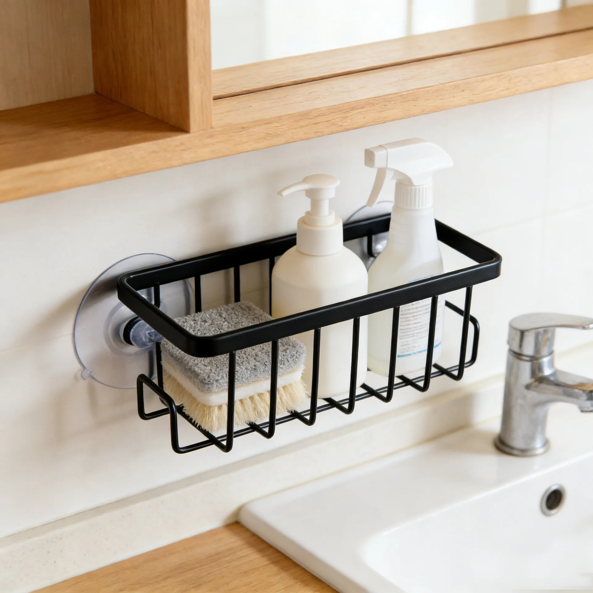 Home With Hook Draining Durable Soap Black Kitchen Sink Scrubber Countertop Sponge Holder Hollowed Suction Cup Caddy Organizer