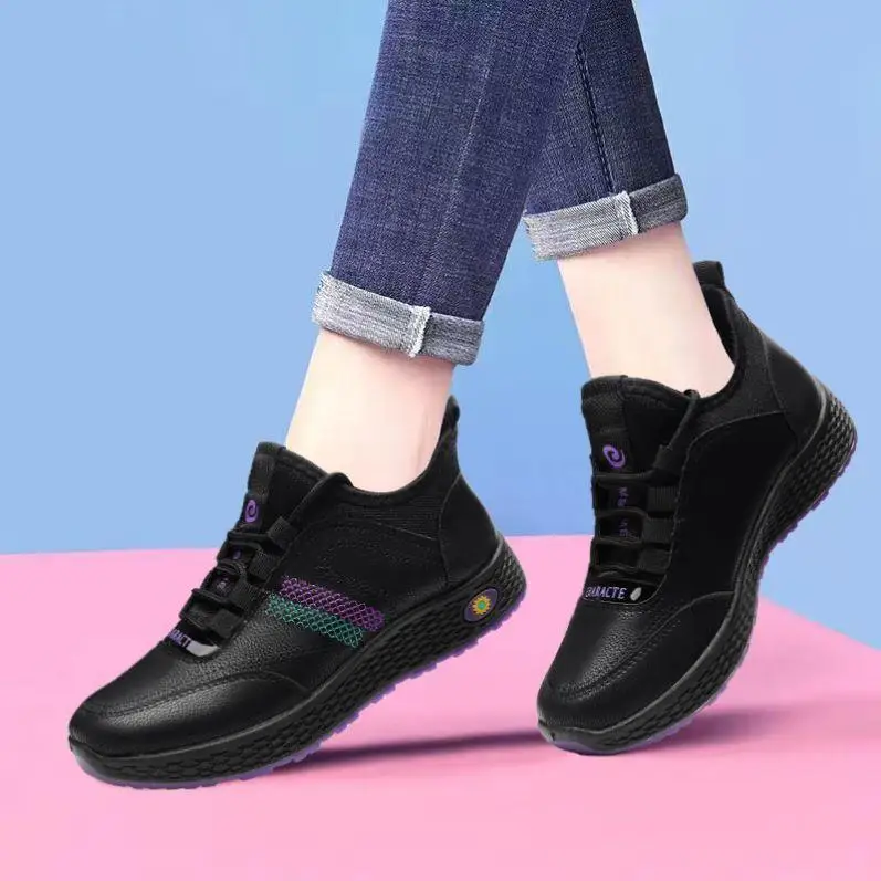 Waterproof Leather Surface Soft Bottom Anti-Slip Casual Shoes for Women Beijing Style Kitchen Special Use Shoes Cross Buckle