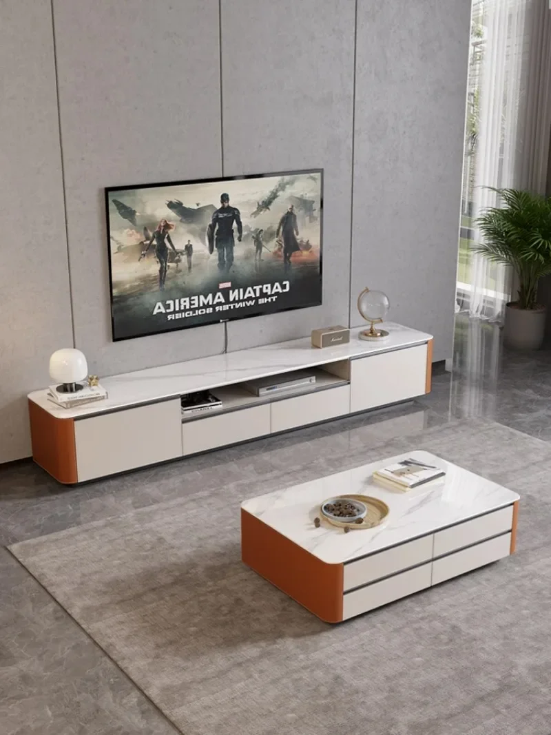 Minimalist saddle leather TV cabinet coffee table combination modern household small-sized living room solid wood top-grade